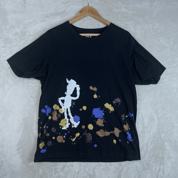 Uniqlo x Pixar Toy Story T- Shirt Men's L Black Disney Woody Graphic Paint Splat - Picture 1 of 9